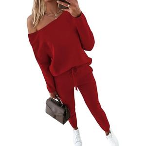CHICME Women's Long Sleeve Off The Shoulder Pullover Tops and Pants Matching Set Tracksuit Travel Outfits-r-XL