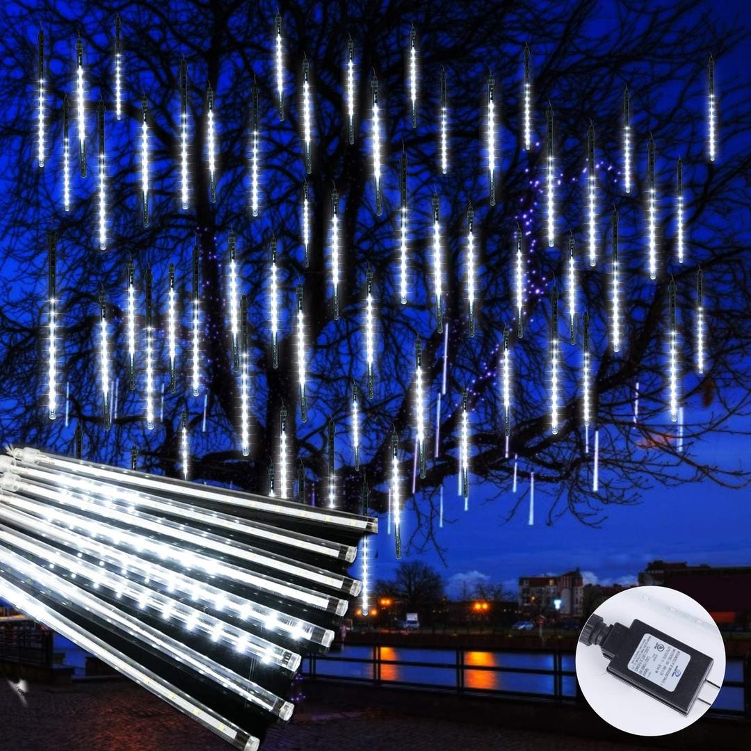 Brightown Christmas Lights Outdoor, 16 Inch 10 Tube Meteor Shower Lights Outdoor, 360 LED Icicle Light,Hanging Falling Rain Light for Tree Outside Holiday Xmas Decoration,White
