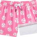 BRISIRA Boys Swim Trunks Bathing Suit Compression Boxer Brief Liner Anti-Chafe Swimsuit Swim Shorts Toddler Kids Youth Teen (10-12 Years, Pink Whitebaseball)