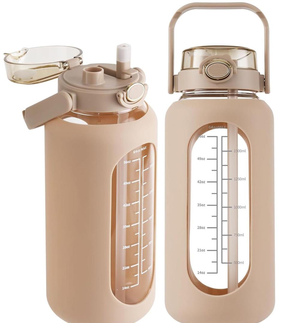 SIEROZUR 64oz Glass Water Bottle with Straw and Handle Lid Half Gallon Motivational Glass Bottle with Silicone Sleeve and Time Marker Large Reusable Sports Water Jug for Gym Home Workout (42 Ounces, Amber)