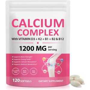 Calcium 1200mg with Vitamin D3 & K2 Softgels, High Absorption Calcium Supplement for Bone & Teeth Support, Daily Calcium for Women Men & Seniors, Easy to Swallow, 120 Softgels, Exp: 03/29/2029