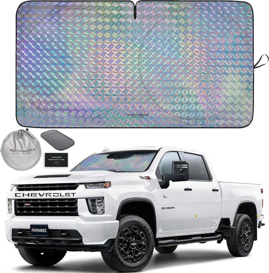 Autoamerics 1-Piece Windshield Sun Shade - Holographic Print Foldable Car Front Window Sunshade for Cars SUV Truck - Heat Blocker Visor Protector Blocks Max UV Rays and Keeps Your Vehicle Cool - Large (LARGE = 64 x 33.5 inches)