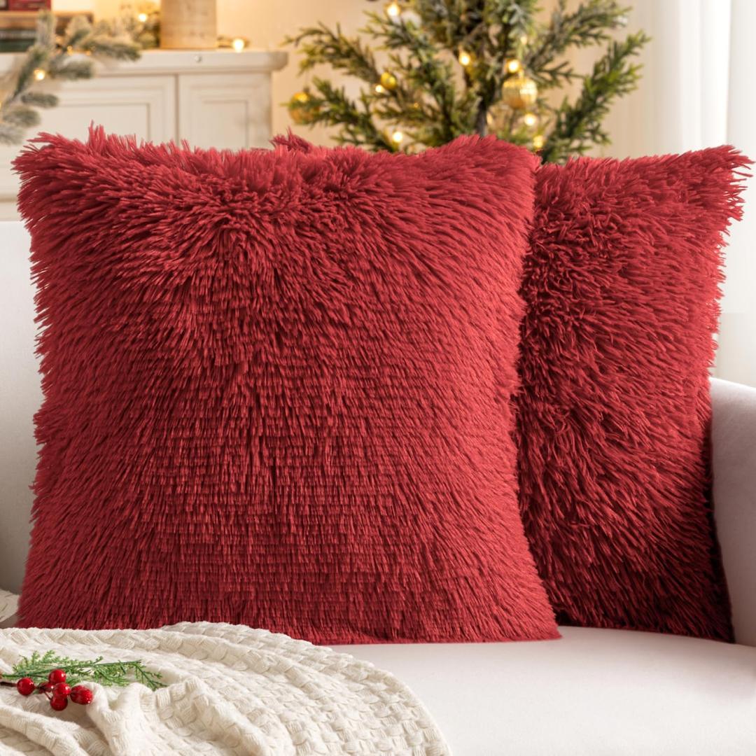 MIULEE Pack of 2 Luxury Faux Fur Decoration Throw Pillow Covers Deluxe Winter Christmas Decorative Plush Pillow Case Cushion Cover Shell for Sofa Bedroom Car 16x16 Inch Red