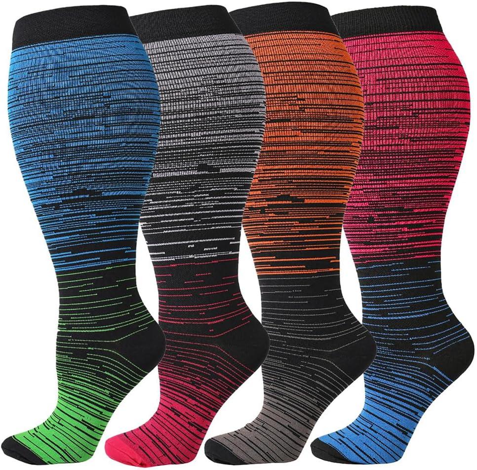 CUBlEX 4 Pairs Plus Size Compression Socks Unisex 20-30mmHg Knee high XXL- XXXXL for Woman & Man (XXL)