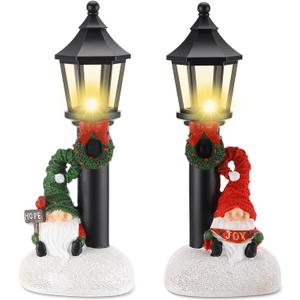 2 Pcs Christmas Gnome Decorations 10" Resin Christmas Lighted Gnomes Figurines Table Decor Xmas Battery Operated Mini Street Statue for Home Fireplace Shelf