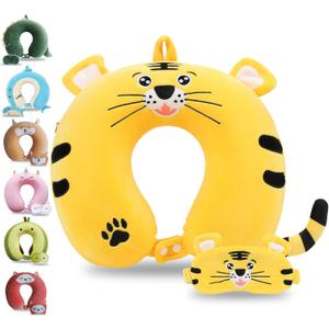 Sexysamba Cartoon Headrest & Neck Pillow for Kids Boys & Girls, Teens, Travel Accessories for Airplane, Car, Recline, Memory Foam Cute Travel Pillow with Sleep Eye Mask - Tiger