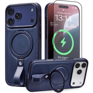 Butaiga for iPhone 17 Pro Max Leather Case with Stand, Anti-Slip Grip Ring, Fits for MagSafe (Blue, iPhone 17 Pro Max)