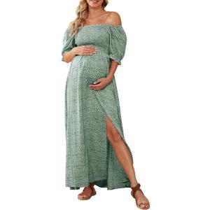 Floral Maternity Dress Square Neck Puff Sleeve Smocked Boho Photoshoot Baby Shower Pregnancy Dresses (Medium, Sage Green)