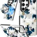 Cute Case for Samsung Galaxy S25 Ultra for Women Girls - Funny Blue Flower Design Compatible with Magsafe Magnetic Ring Holder Kickstand Fashion TPU Phone Covers