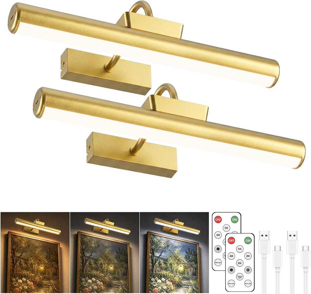 Picture Light Battery Operated, 13in Cordless Art Light for Paintings, Dimmable 5000mAh Recharging Battery Picture Light with Remote Control for Wall, Gallery Dartboard Art Bedroom (Gold-2Pack)