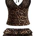 SweatyRocks Women's Y2K Skirts Sets Leopard Print Lace Halter Top and Layered Mini Skirt 2 Piece Outfit Brown, Small