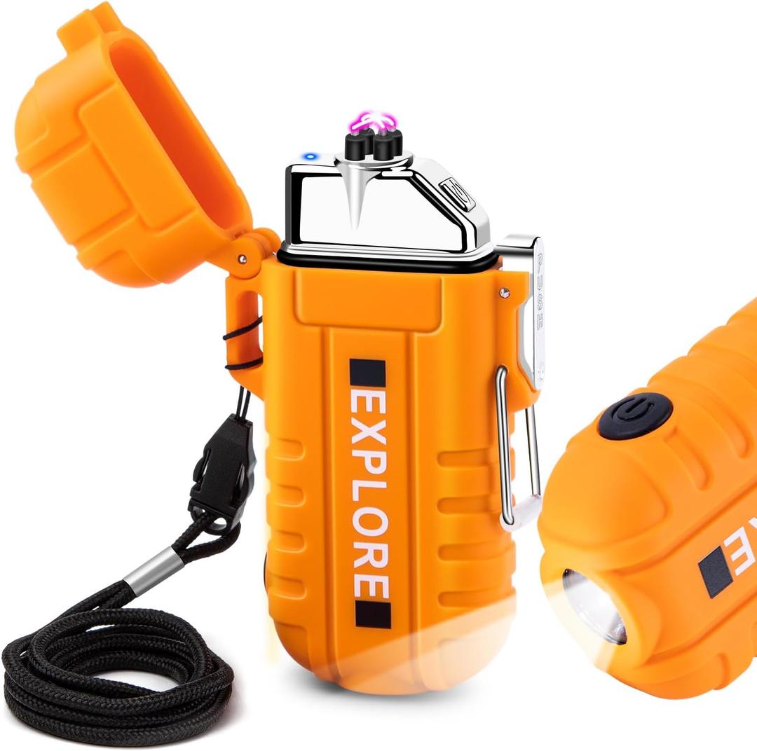LcFun Arc Plasma Waterproof Lighter Electric Windproof Lighter USB Type C Rechargeable Flameless Cool Lighters with Flashlight for Camping, Survival,Outdoor Adventure, Tactical (Orange)