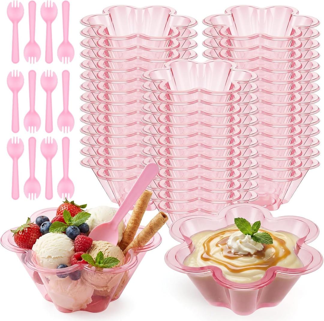Patelai 50 Pack 8 oz Pink Desset Cups with Spoons Disposable Ice Cream Sundae Bowls Flower Shape Clear Plastic Small Party Serving Cups for Ice Parfait Strawberry Yogurt