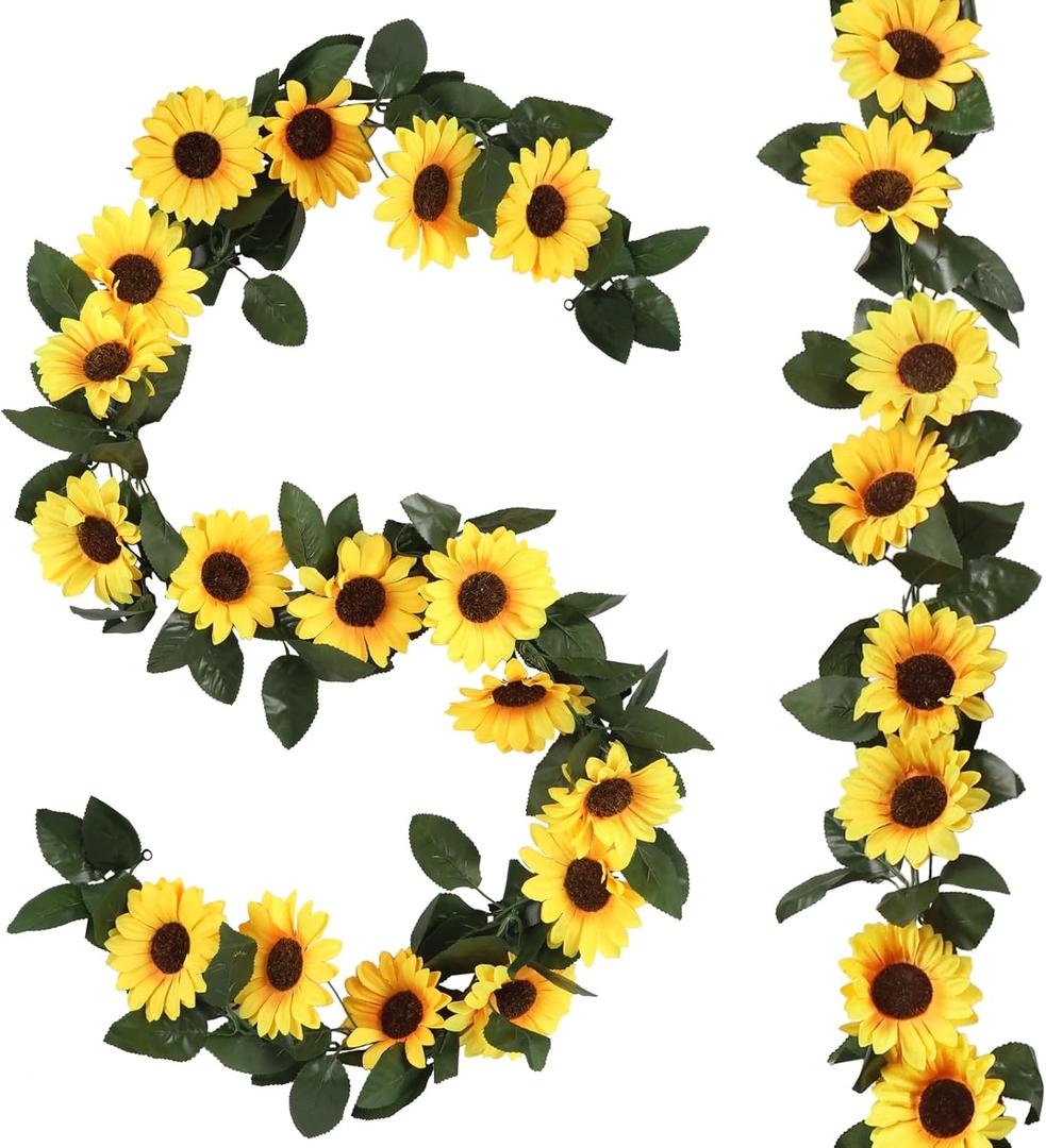 Beferr Sunflower Garlands Decor-2 Pack 7.5ft/Pcs Artificial Sunflower Vines Silk Hanging Flowers with Green Leaves for Wedding Birthday Party Home Wall Decorations