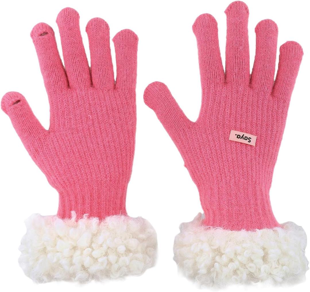 Women's Winter Gloves Touchscreen, Thermal Warm Knit Gloves for Cold Weather, Fur Windproof Cuff