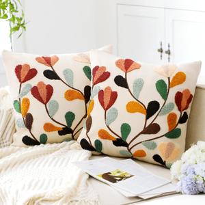 2 Pcs Boho Floral Embroidered Decorative Throw Pillow Covers with Zipper 18 x 18 Inch Colorful Boho Embroidered Pillow Covers Aesthetic Decor for Couch Sofa Housewarming Gifts