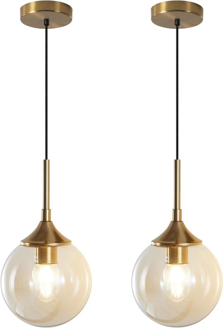 KCO Lighting Mid Century Modern Kitchen Island Pendant Lighting Gold 1-Light Amber Glass Globe Pendant Light Brushed Brass Large Living Room Pendant Light Fixture (2 Pack)