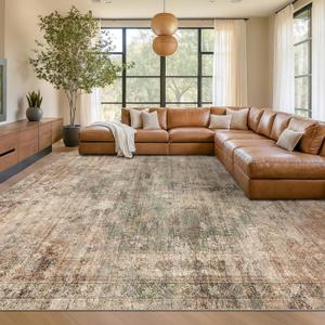 Farmhouse Floor Rugs for Living Room - Brown and Green Dining Room Area Rugs 8x10 for Bedroom, Washable, Soft, Lightweight & Stain Resistance, Neutral Dark Vintage Medallion Decor, Distressed Design