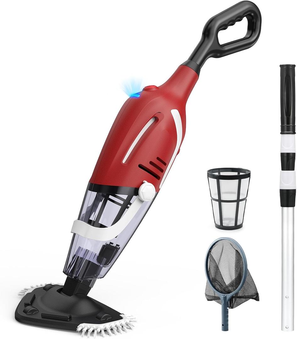 Pool Vacuum for Above Ground Pool, 2025 Upgraded Pool Vacuum with A Telescopic Pole, 18.5 Gal/Min Powerful Suction, 80Mins Runtime, Effortlessly Cleans Debris Underwater (Red)