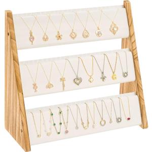 Necklace Holder, 3 Tier Necklace Organizer Stand with White Velvet, Wood Necklace Display Stands for Selling, Jewelry Display Stand for 72 Necklaces Bracelets (Brown)