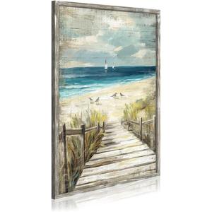 Framed Beach Seascape Wood Artwork: Vertical Rustic Ocean Boardwalk Artwork Vintage Coastal Wave Scene Painting Nature Sea Grass Wall Art Contemporary Nautical Landscape Prints for Bedroom (36L" x 24W")
