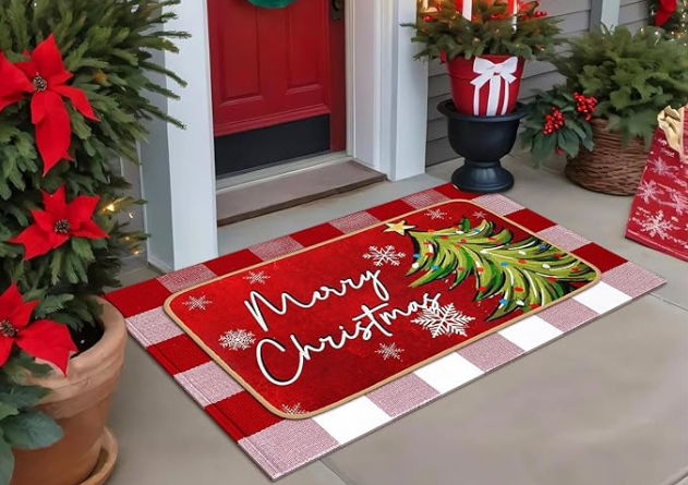 Tinideya 2 Pcs Christmas Door Mat Outdoor Whimsical Xmas Tree Front Doormat Nonslip Red and White Buffalo Plaid Layered Linen Rubber Xmas Rugs Merry Christmas Decor for Front Porch Entryway Outside