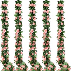 5pack Flower Garland Artificial Fake Rose Garland Vine Artificial Flowers for Decoration Floral Garlands Decor-Total 41 Ft (Pink)