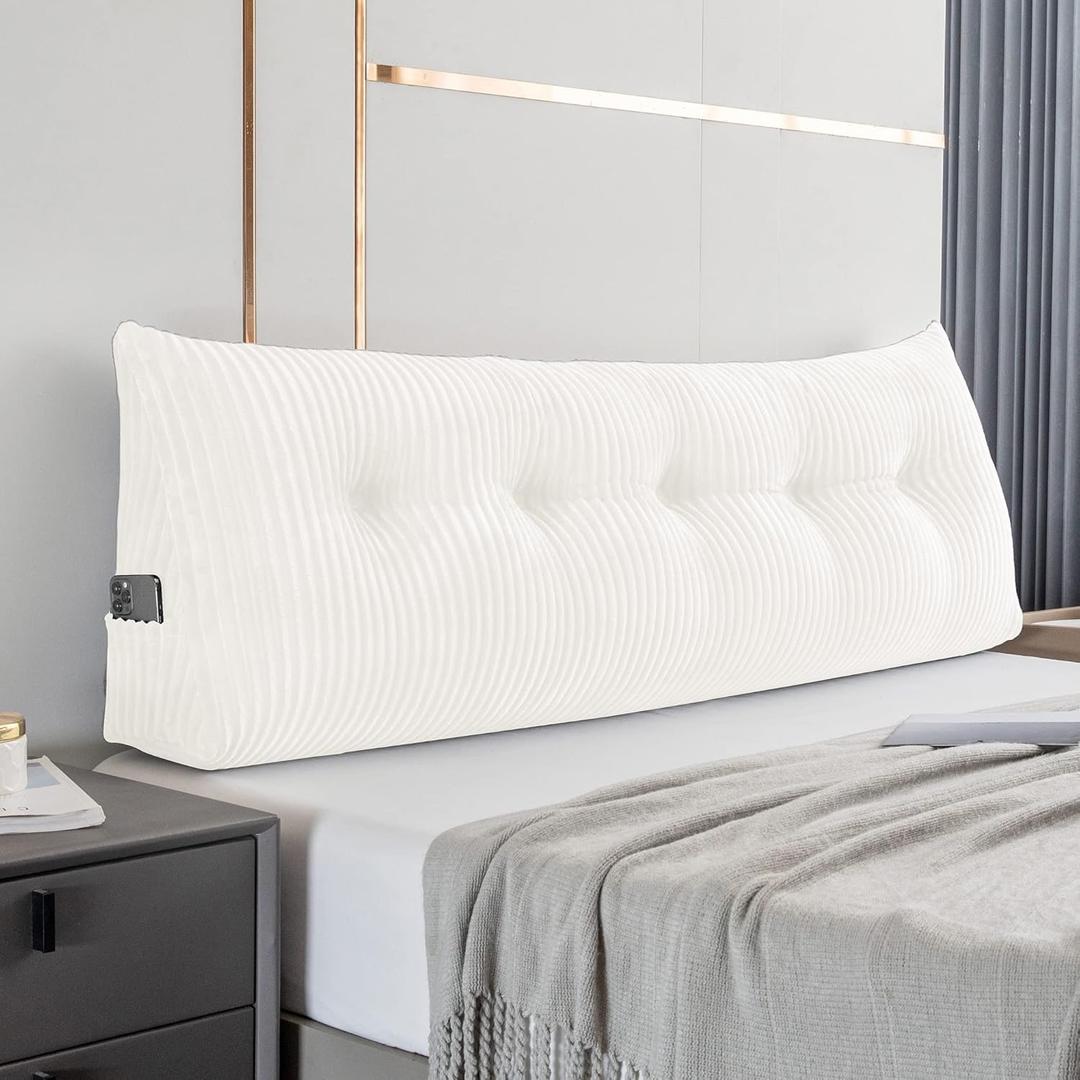 Large Triangular Headboard Wedge Bed Rest Reading Pillow Backrest Positioning Support Bolster Cushion with Removable Cover (White, Queen: 59x8x20 Inches)