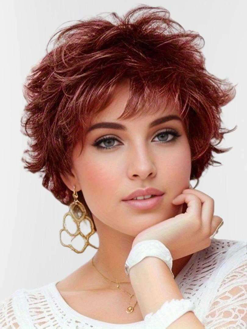 Short Ombre Red Curly Wigs for White Women Layered Red Mixed Brown Pixie Cut Wig with Bangs Synthetic Natural Looking Daily Party Wig 6 Inch