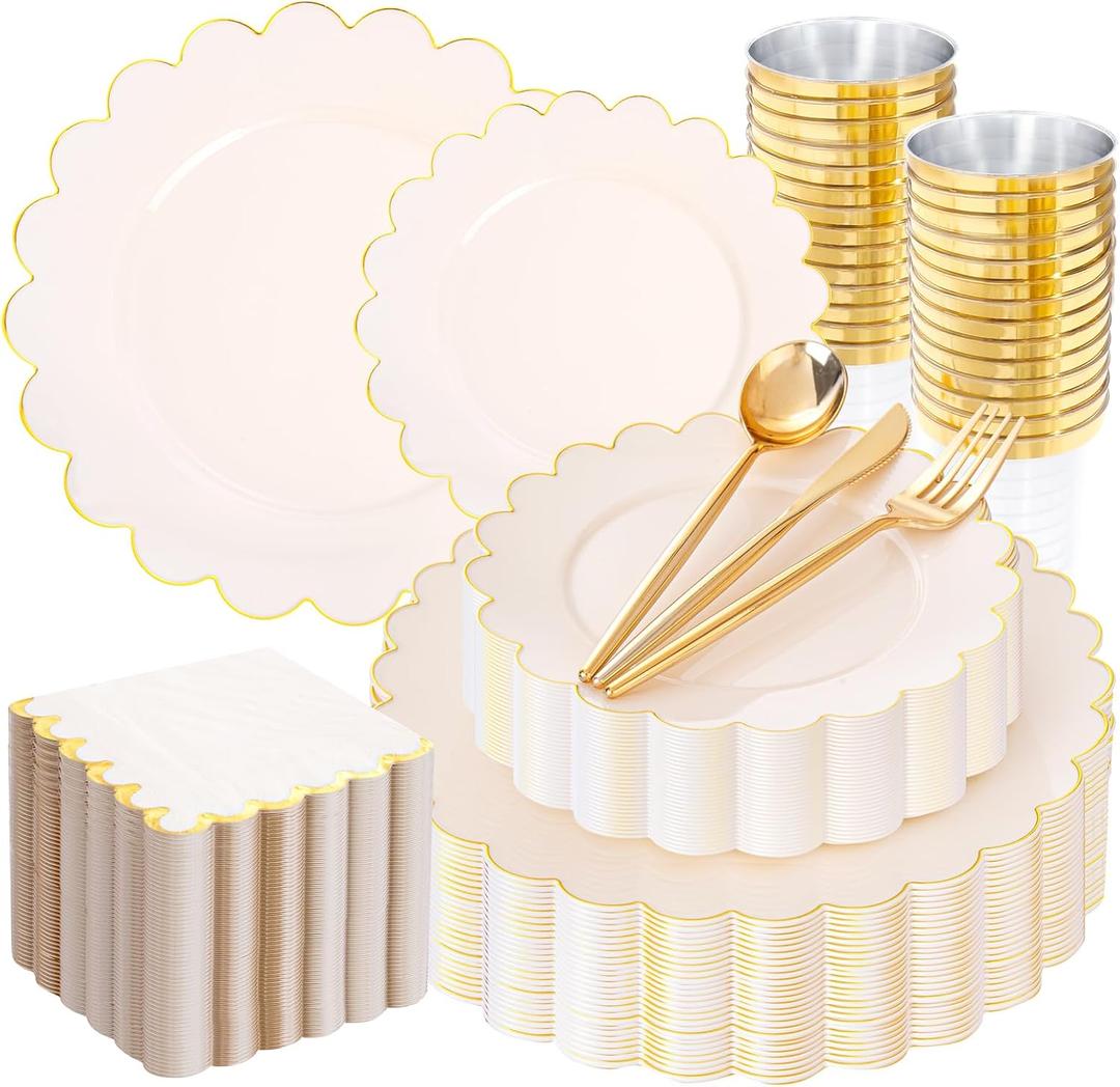 LIYH 210 Pcs Ivory Plastic Plates Scalloped Plastic Plates Disposable Dinnerware Set Cream Gold Scalloped Plate Include Plate Gold Silverware Napkins Cup for Birthday Valentine's Day 30 Guests (Beige with Gold)
