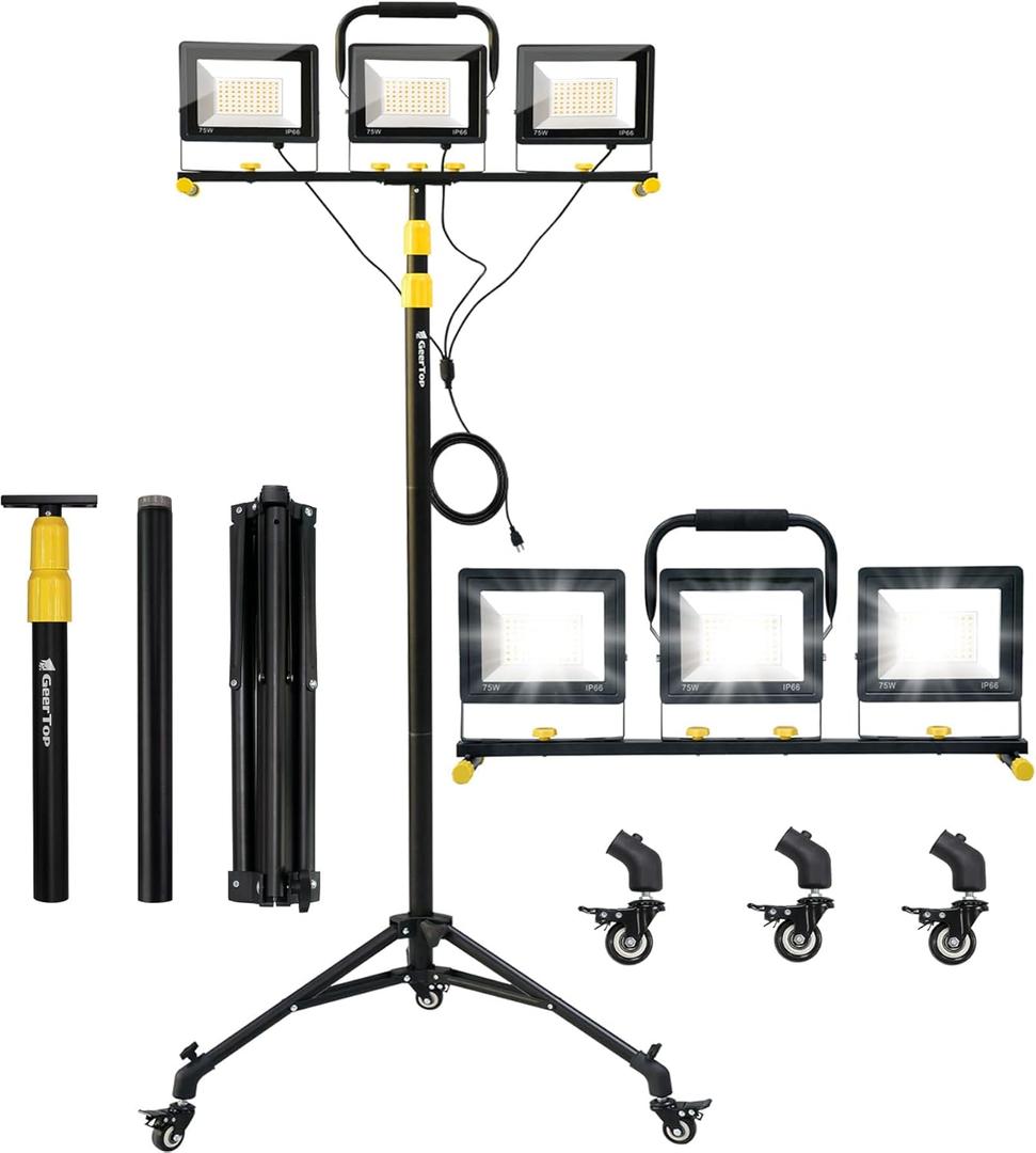 GEERTOP Portable Tripod Led Work Light on Wheels, Adjustable Rolling Black Stand, 21000LM Detachable LED Heads for Garage, Construction Job Site, Indoor/Outdoor Use