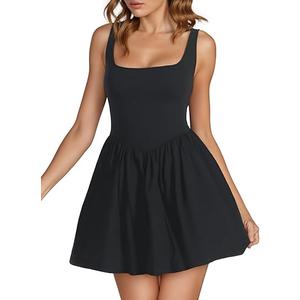 Women's Summer Sleeveless A Line Square Neck Pleated Ruffled Y2k Mini Dress S Black