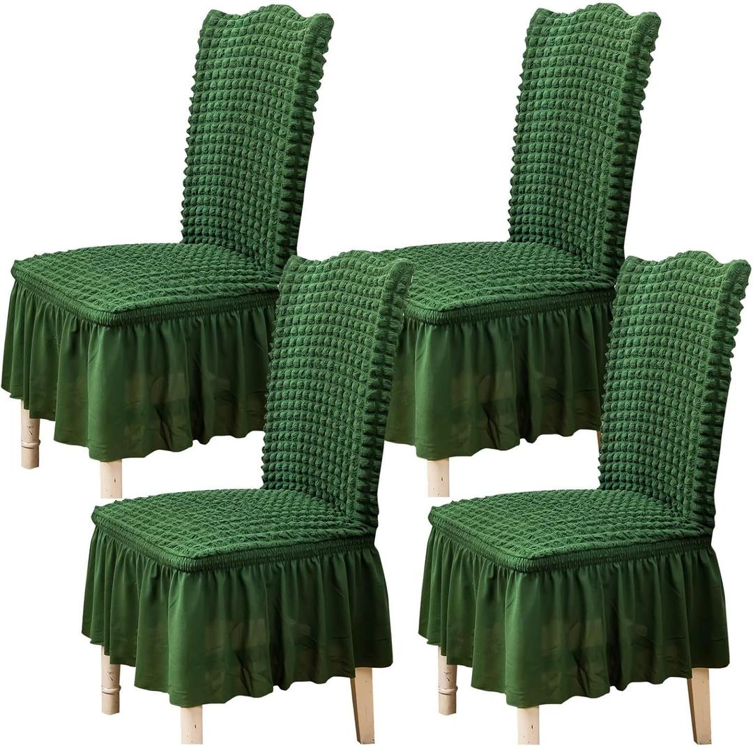 Qubjus Chair Covers for Dining Room Set of 4 Stretch Chair Slipcovers with Skirt Removable Washable Kitchen Chair Protector Cover Set for Home, Party, Wedding (Green, 4pcs)