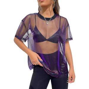 OYOANGLE Women's See Through Top Metallic Mesh Sheer Short Sleeve Rave T-Shirt (Large, Black Purple)