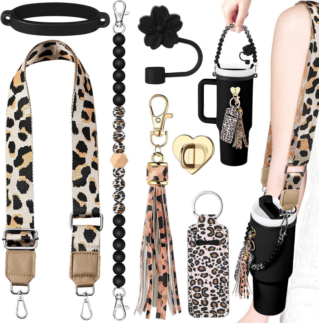 Skylety 7 Pcs Leopard Silicone Cup Accessory Set Compatible with Stanley Cup Leopard Beaded Bottle Strap Carrying Strap Lipstick Holder Tassel Charm Straw Cover Bottle Ring 8-40 oz Tumbler(Black)