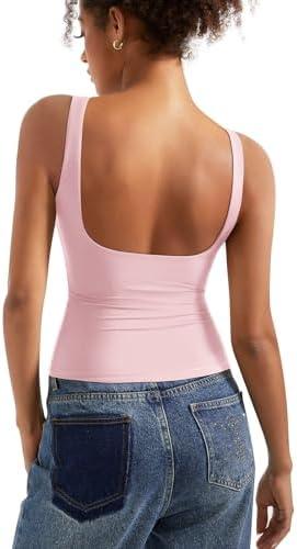 SUUKSESS Women Padded Open Back Boat Neck Tank Tops Double Lined Basic Shirts, Small