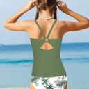 Girls Swimsuit Halterneck 2 Piece Girl Swimsuit with Floral Print Shorts Ruched Girls Tankini Swimsuit 11-18 Years (Green)