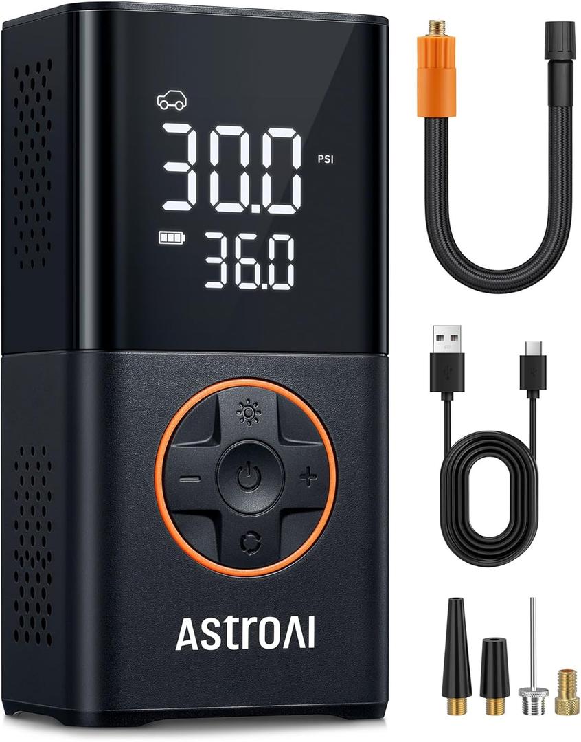 AstroAI L7 Tire Inflator Portable Air Compressor Cordless Mini Bike Pump with Digital Dual Values Display, 150 PSI Car Tires Air Pump with LED Lights&Pressure Gauge for Auto, Motorcycles, Bikes, Balls (Orange)