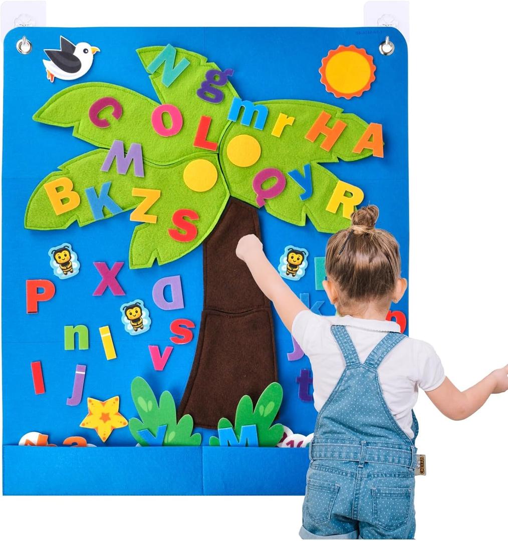 CHEFAN Felt Letter and Number Tree, Coconut Tree Alphabet Game, Felt Story Board Set for Early Education Storytelling, Flannel Board for Wall Teaching Home Classroom Play