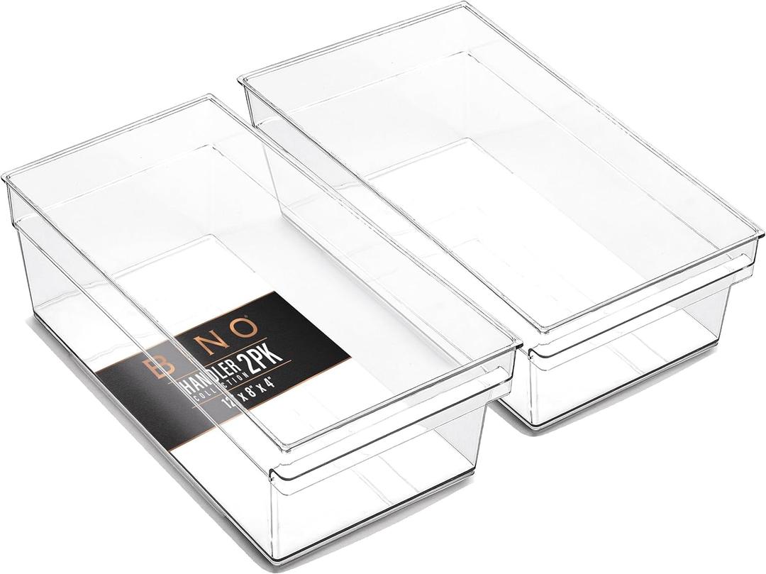 BINO | Plastic Storage Bins, Large - Shallow | THE HANDLER COLLECTION | Multipurpose Organizer Bins | Kitchen Pantry Organizers and Storage | Clear Containers for Organizing Home | Freezer Organizer (2PK SHALLOW - LARGE - 12 x 8 x 4)
