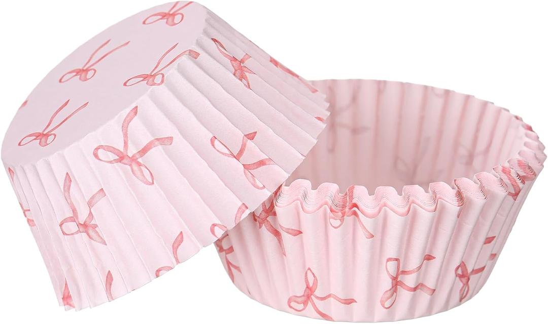 Tioncy 300 Pcs Pink Bow Cupcake Liners Coquette Bow Cupcake Wrappers Baking Cups Baking Standard Liners Holders for Baby Shower Wedding Bachelorette Bridal Showers Birthday Party Decoration