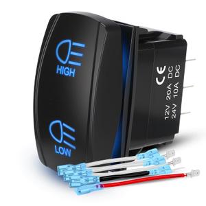 High Low Beam Headlights Rocker Switch, ON Off ON DPDT 7 Pins, 20A 12V 10A 24V DC, with Jumper Wires for Car Boat Truck RV SUV ATV UTV Trailer, Blue