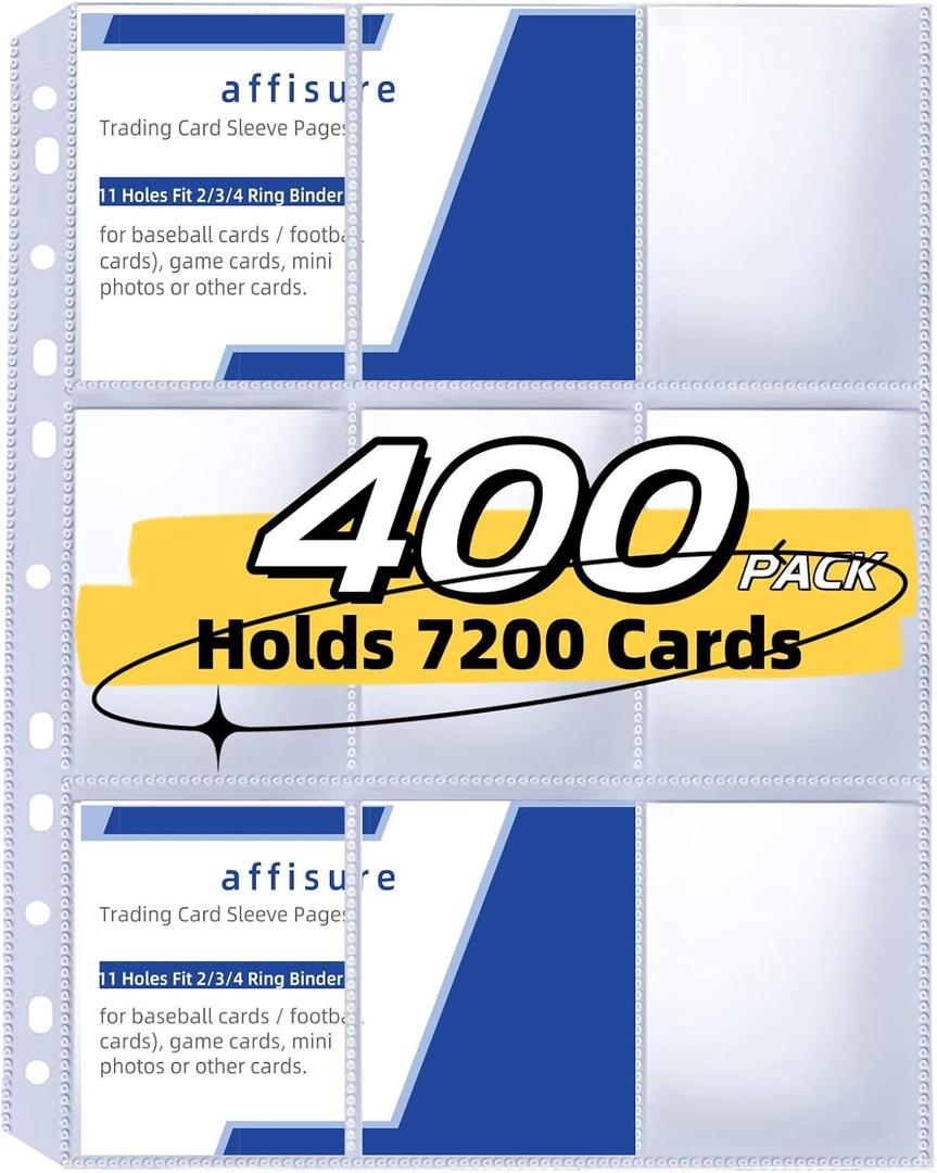 400 Pack 9 Pocket Trading Card Binder Pages, Holds 7200 Cards, Thickened Binder Sleeves, 3 Ring 9 Pocket Sheets for Sports Cards, Coupons Cards