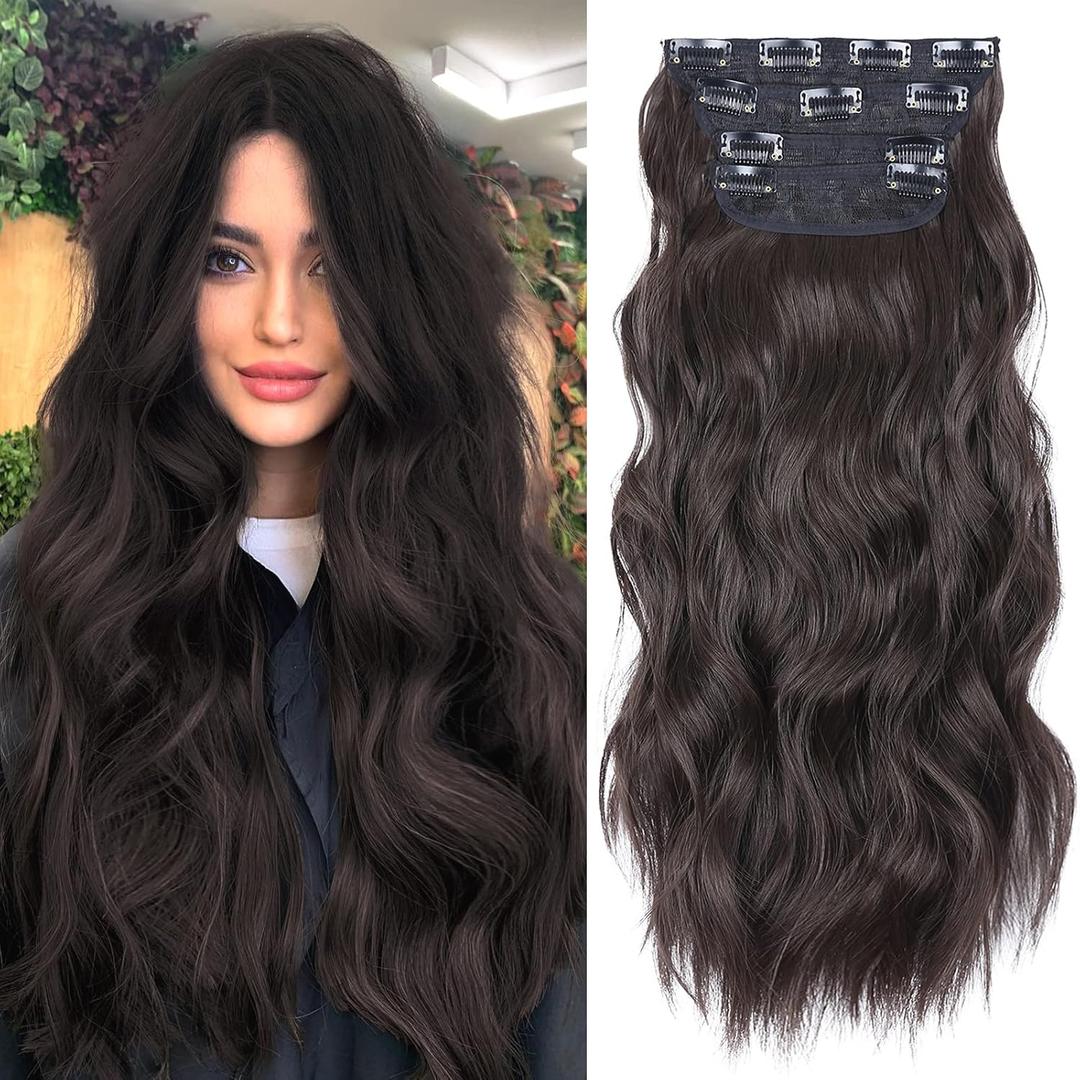 Clip in Hair Extensions 4PCS Brown Black Thick Hair Piece 20 Inches Long Wavy Clip in Extensions Full Head Synthetic Hairpieces for Women (4pcs, 20Inch, 4#)