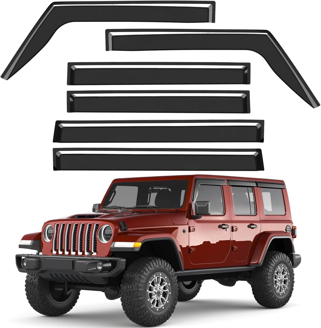 6pcs Outside-Mount Window Rain Guards Fit for 2018-2026 Jeep Wrangler JL/2020-2026 Jeep Gladiator, Extra Durable Window Visors Wind Deflector Dark Smoke Vent Shades Car Tape-on with Thicker