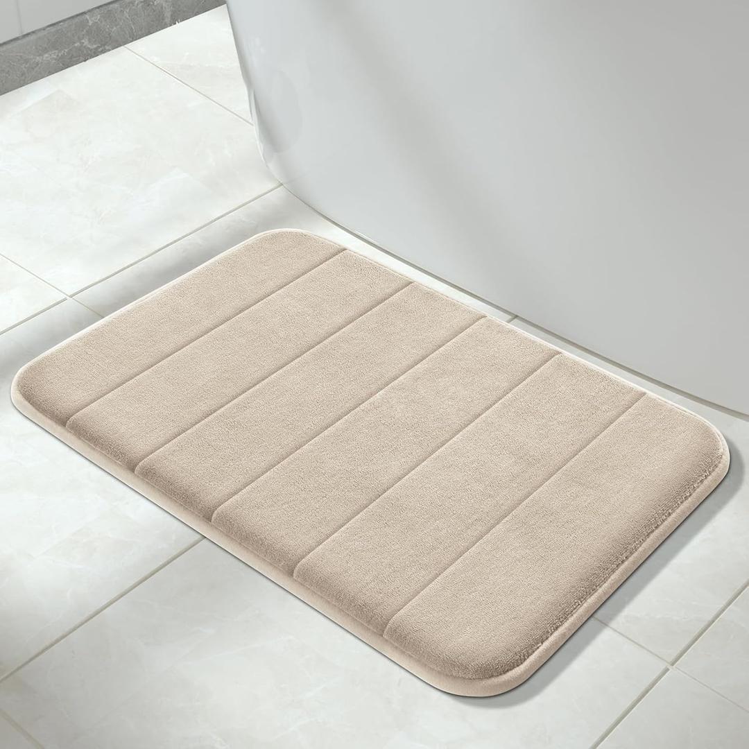 Yimobra Memory Foam Bath Mat Large Size, 31.5 x 19.8, Super Soft Non-Slip Bathroom Rug, Water Absorption, Machine Wash, Thick, Comfortable, Easier to Dry for Bathroom Mat, Tub and Shower, Beige, Pack of 2, One Bigger Mat One Smaller 
