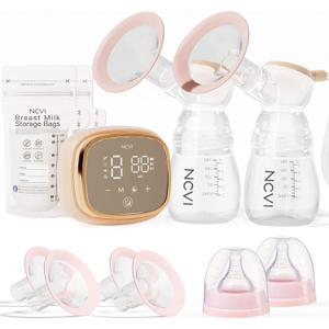 NCVI Double Electric Breast Pump 8102, Upgraded 4400mAh Battery with Night Light, Portable Breast Pump for Breastfeeding, 4 Modes & 9 Levels, LED Display, With 8 Flanges, Breastmilk Bags, Nursing Pads (Orange)