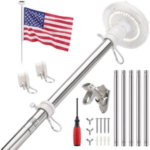 6ft Flag Pole Kit for Outside House with Solar Light, 3x5ft American Flag with Pole, 1" Dia. Stainless Steel Flagpole, Wall Mount Adjustable Flag Holder for Porch, Outdoor, Silver, 36 LED