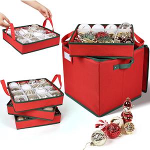 Christmas Ornament Storage Box High Capacity Decoration Organizer Holds Up to 64 Ornaments Decoration Balls Holiday Storage Case with Lid Large Foldable Storage Case for Sundries or Clothes (Red)