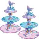 2 Pack Mermaid Cupcake Stand Birthday Party Decorations, Under The Sea Supplies Favors with Mermaid Tail Toppers for Little Girl, Baby Shower